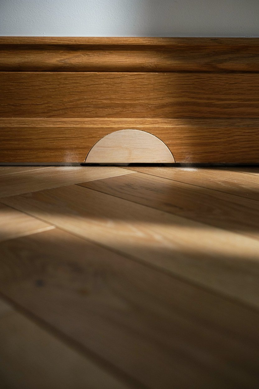 The consistent floor gap under a bookcase door running over bare boards
