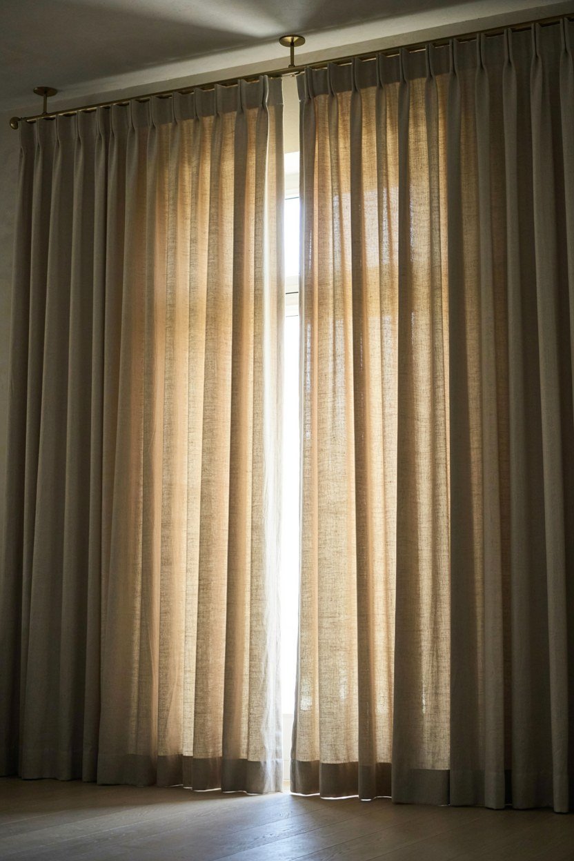 Floor length curtains hung on a pole close to the ceiling in an office