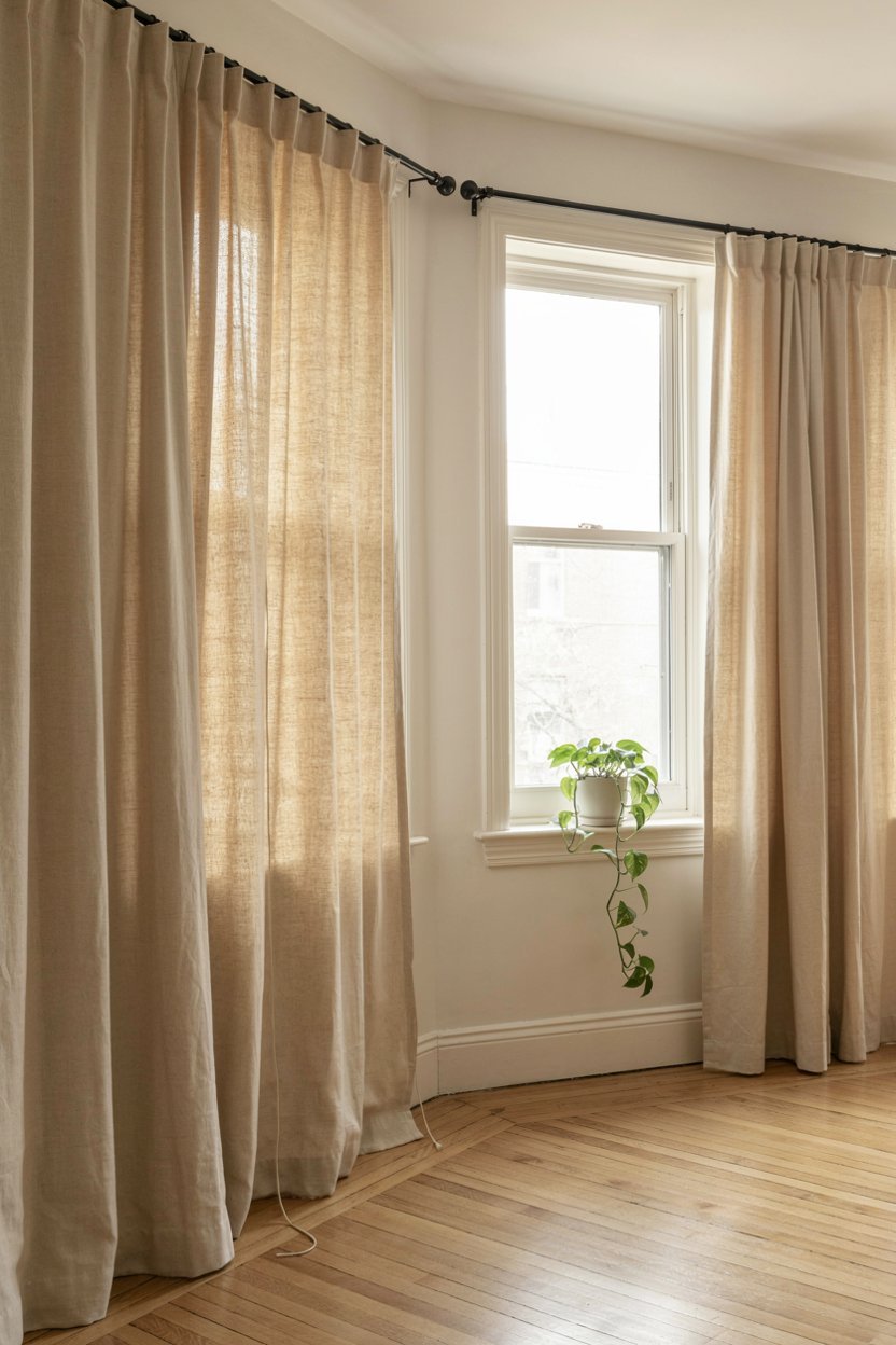 Heavy linen curtains hung at ceiling height beside an apartment window