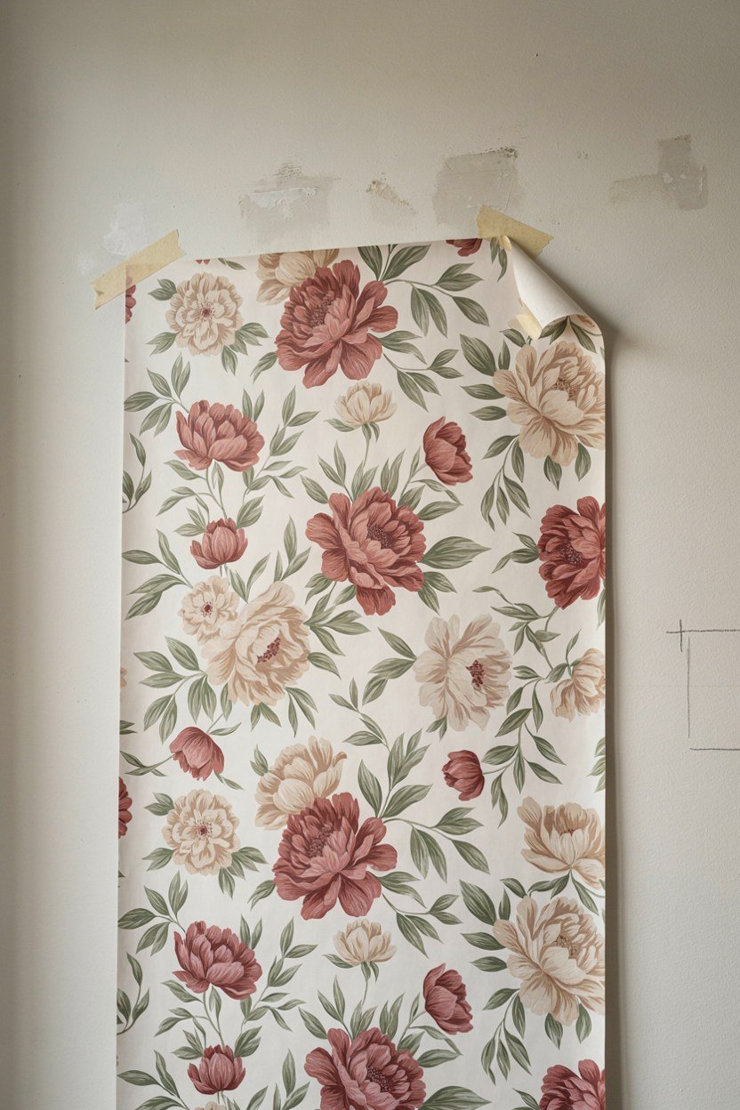 Large floral wallpaper sample taped to an office wall for judging
