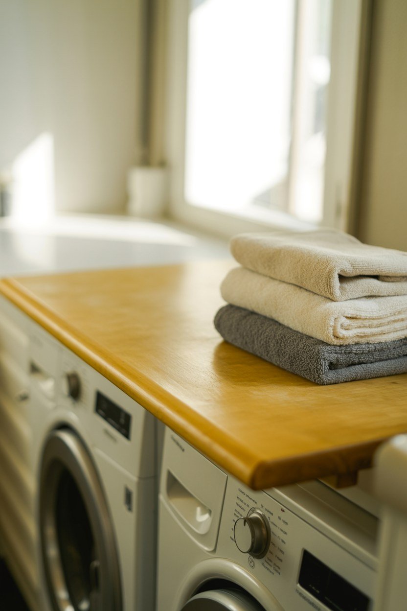 A timber fold down counter mounted above a washer and dryer