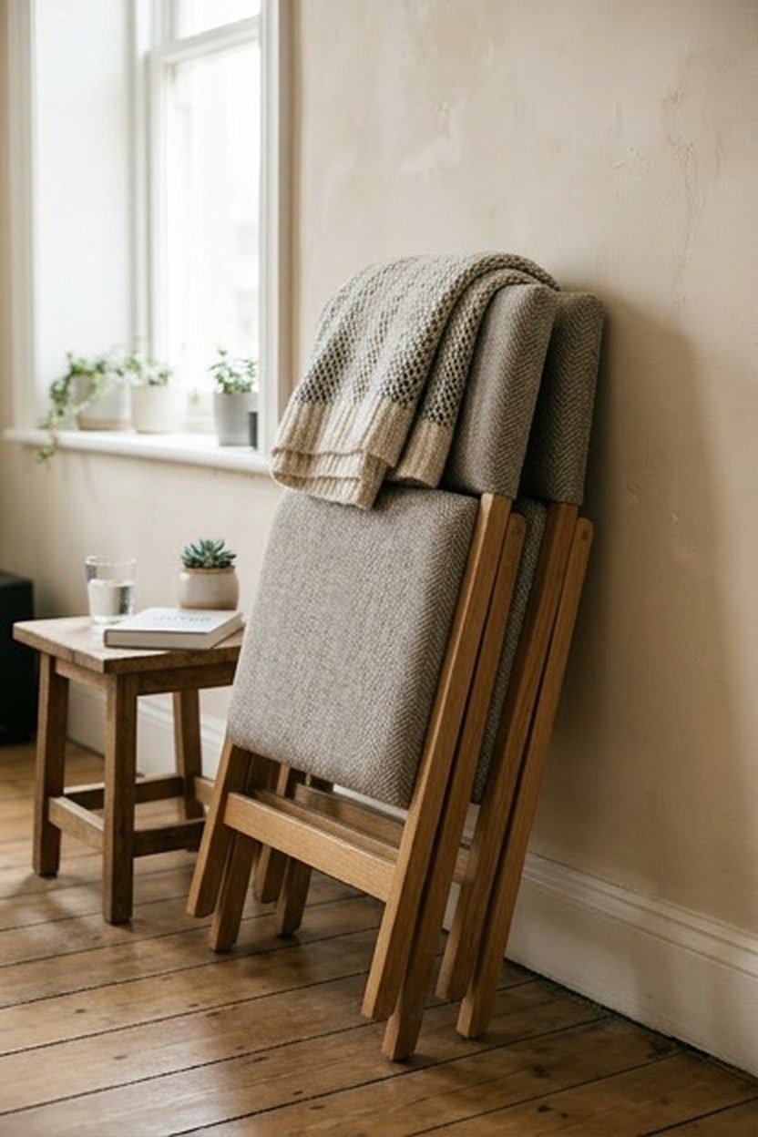 Fold flat chairs stored for extra seating in a studio apartment