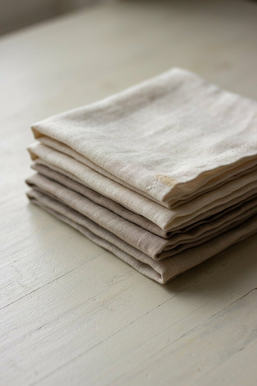 A loose stack of washed linen napkins folded on a worn wooden surface