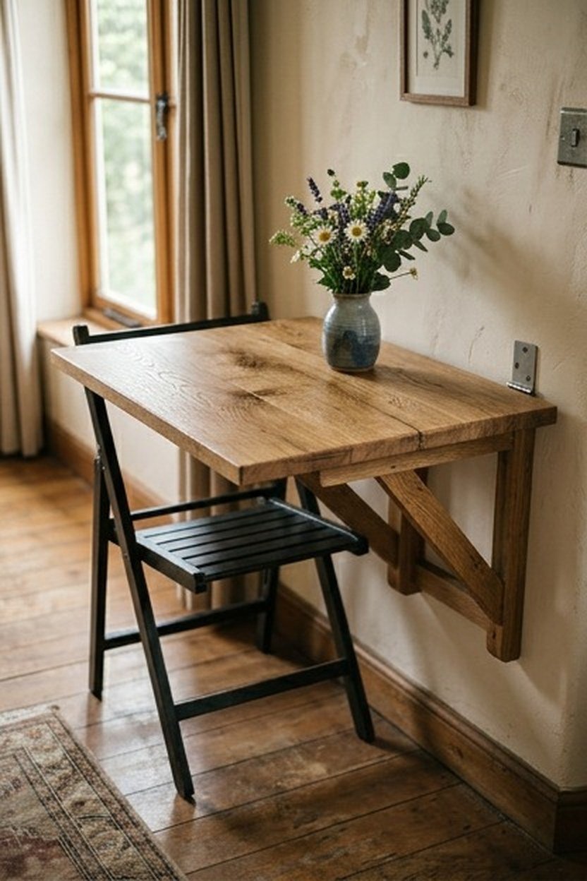A folding dining table mounted to a studio apartment wall