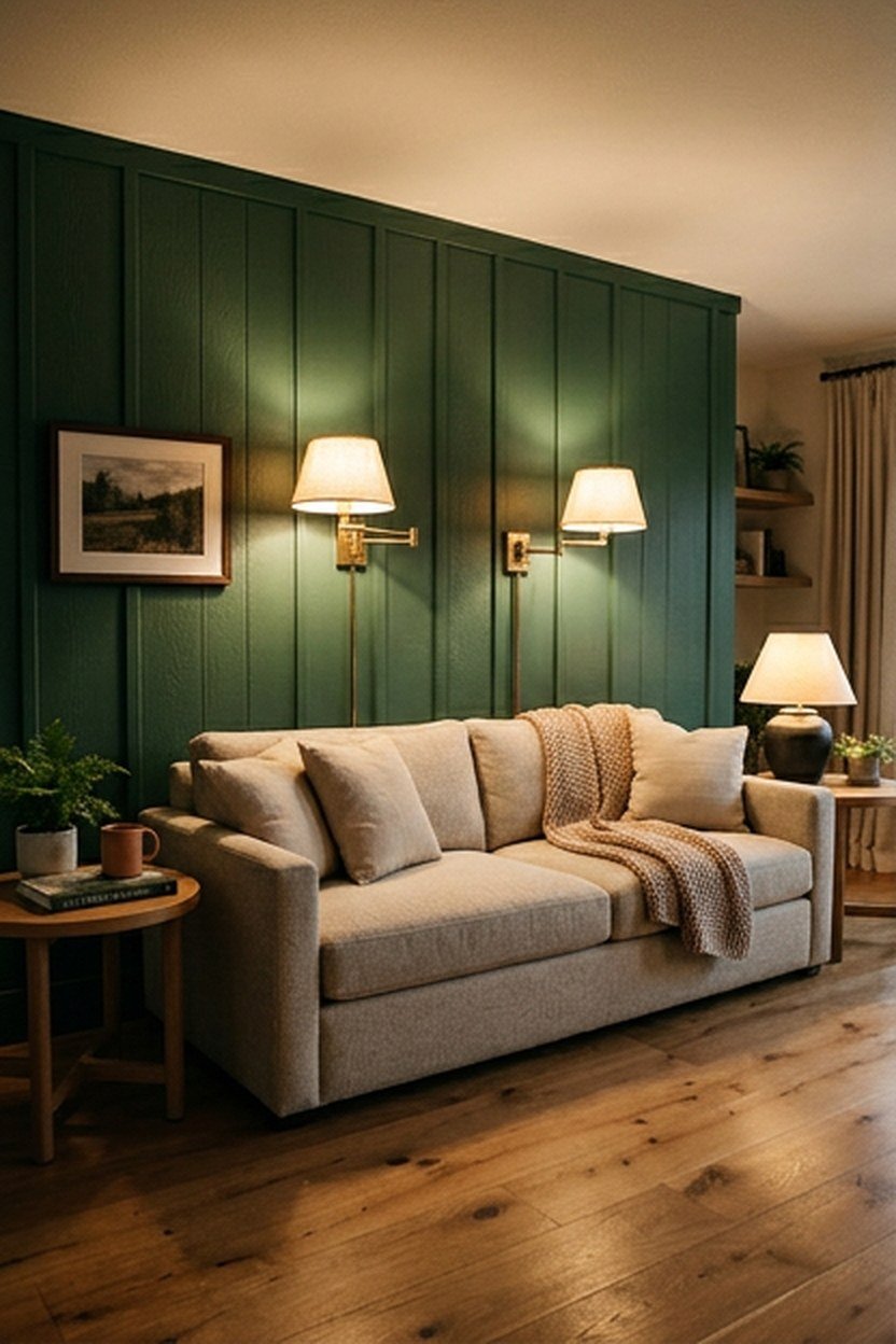 Forest green walls with brass wall lights in an elegant living room