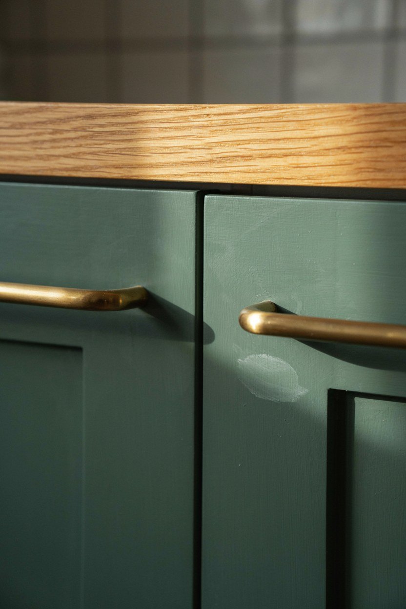 Deep forest green kitchen units fitted with warm brass handles