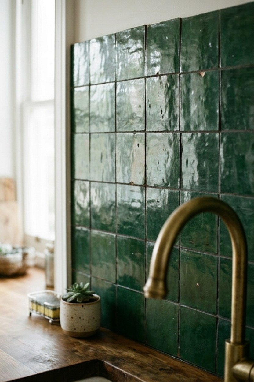 A forest green zellige tile backsplash beside a brass kitchen faucet