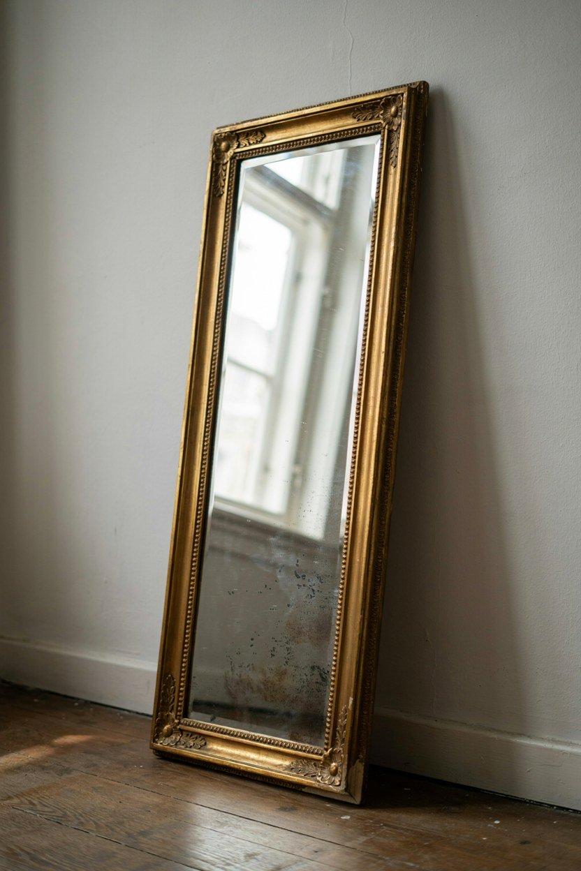 A tall foxed mirror leaning against the wall opposite a dressing room window