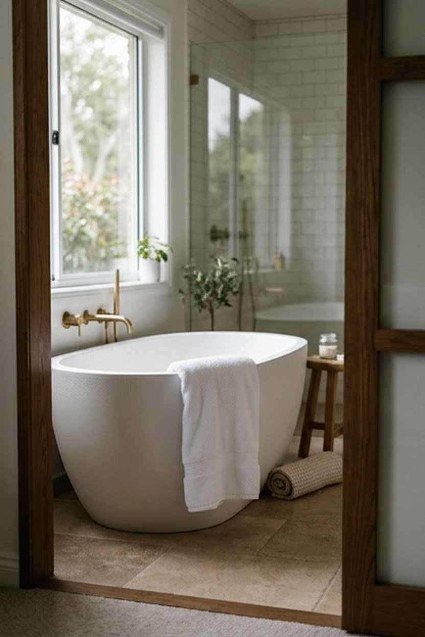 A freestanding soaking tub visible from a primary suite bedroom