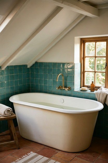 A freestanding soaking tub positioned under a sloped attic bathroom roofline