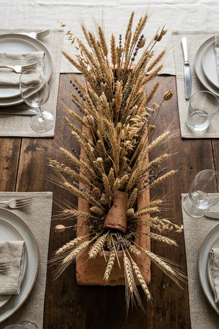 A fresh greenery centerpiece on a farmhouse dining table