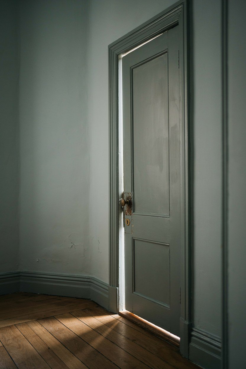 Inside face of a front door painted a darker shade of sage