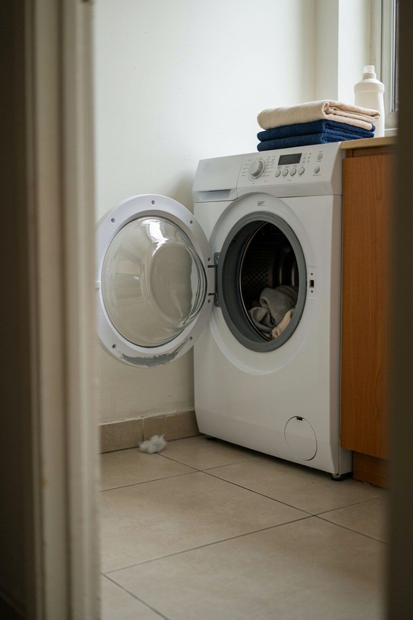 Front loading washing machine with its door open in a laundry nook