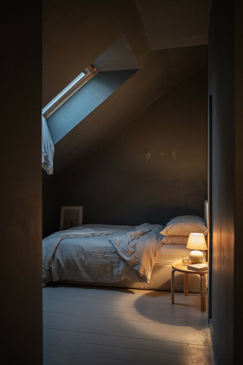 Attic bedroom with every surface committed to charcoal