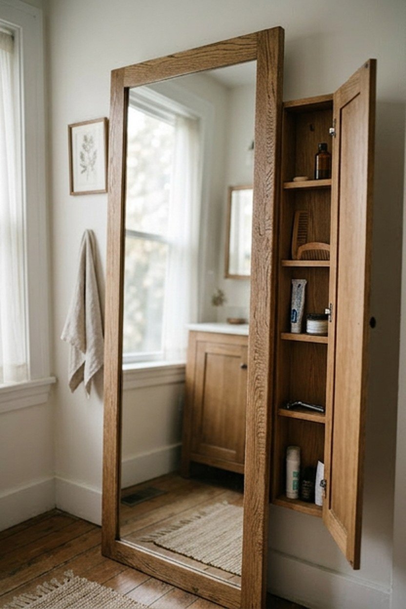 A full-length mirror with a built-in storage cabinet