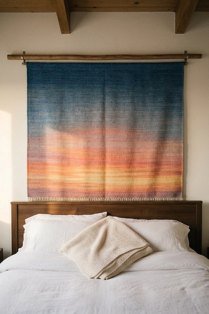 A full wall sunset tapestry mounted behind a bedroom headboard