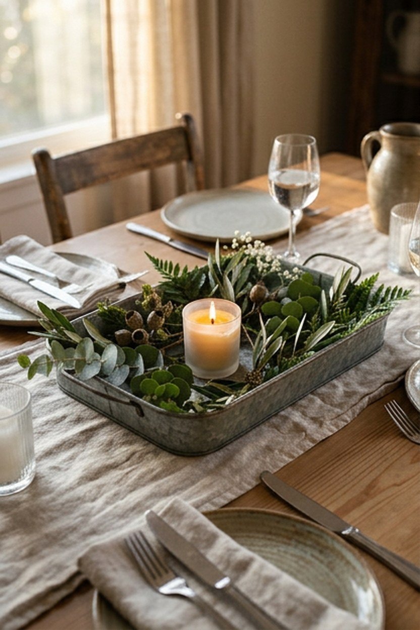 Galvanized metal centerpiece accents on a farmhouse dining table