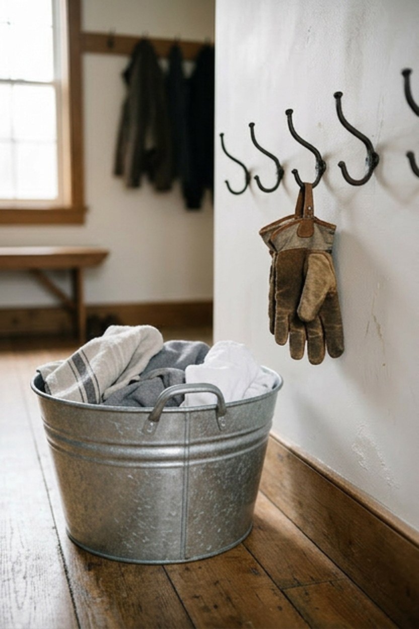 Galvanized metal laundry basket and hooks used as farmhouse accents