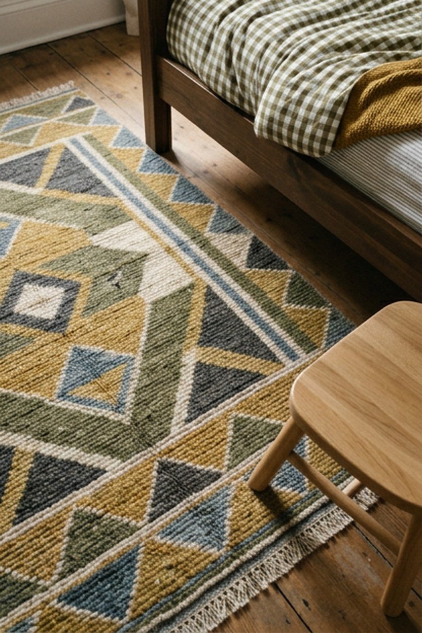 A geometric patterned area rug in muted tones in a kids bedroom