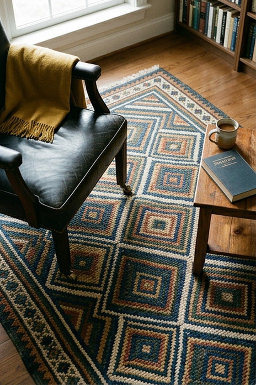 A geometric wool area rug beneath a library seating area
