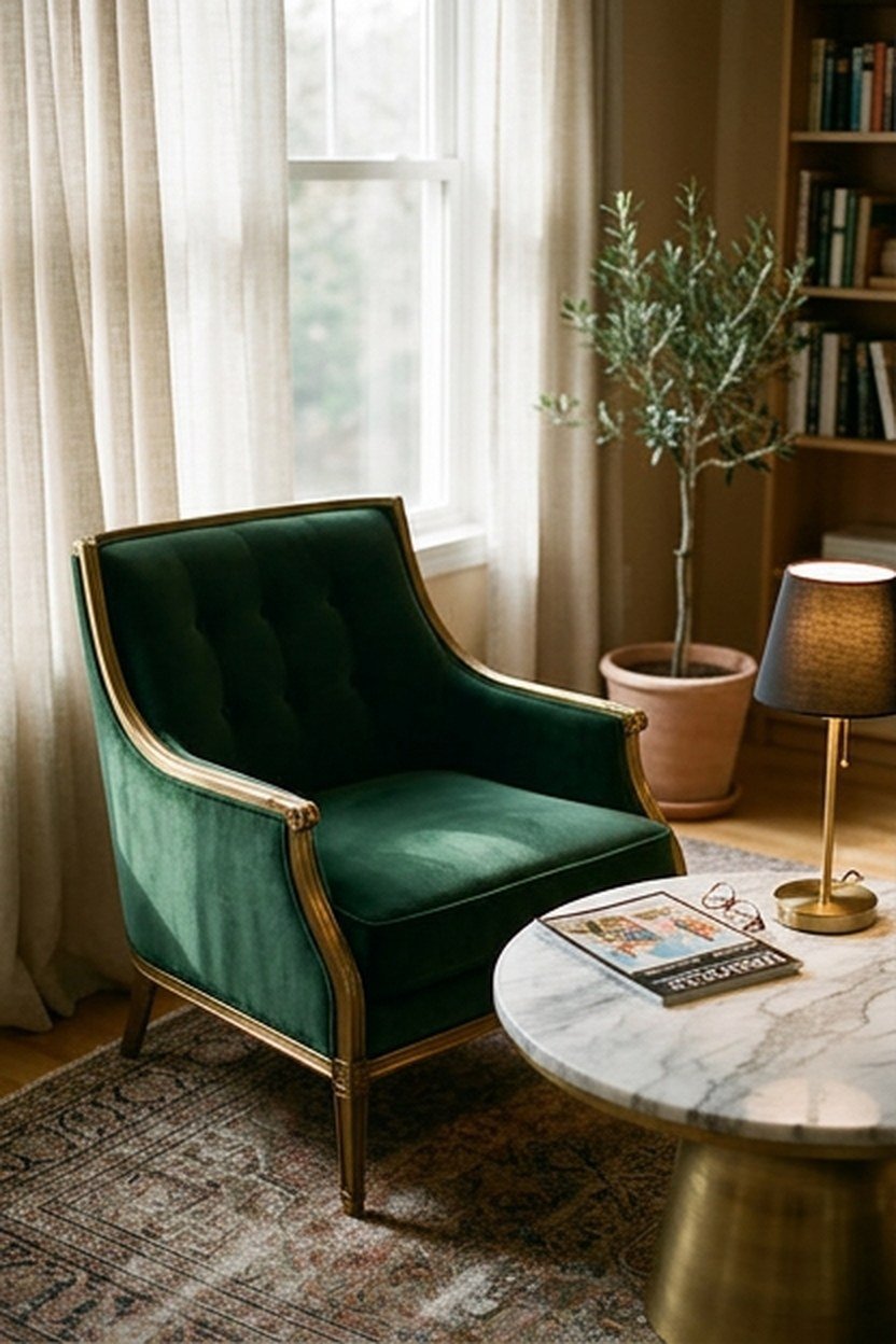 A gold accent chair paired with a marble side table