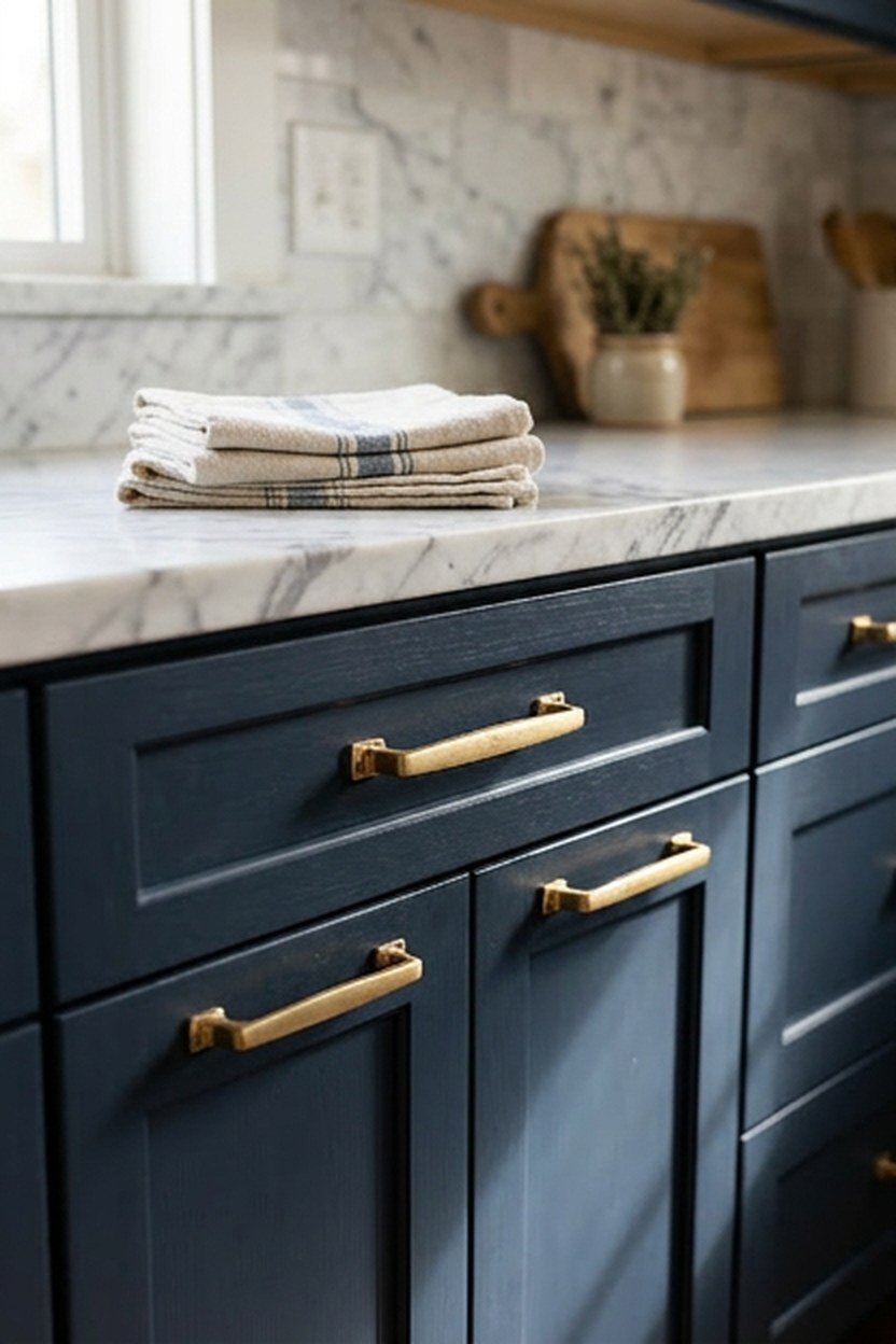 Gold cabinet hardware paired with marble countertops in a kitchen