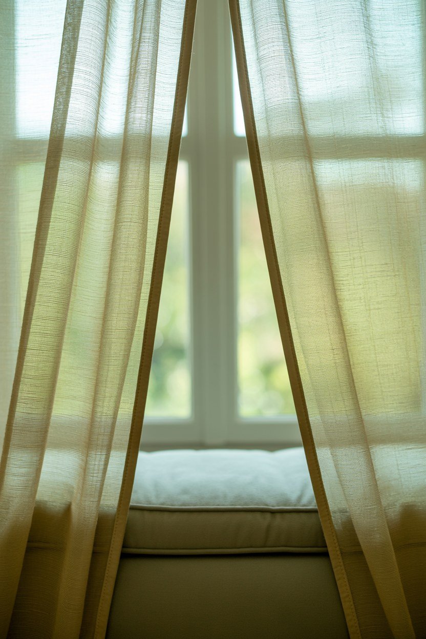 A slim gold canopy frame draped in sheer fabric over a reading nook