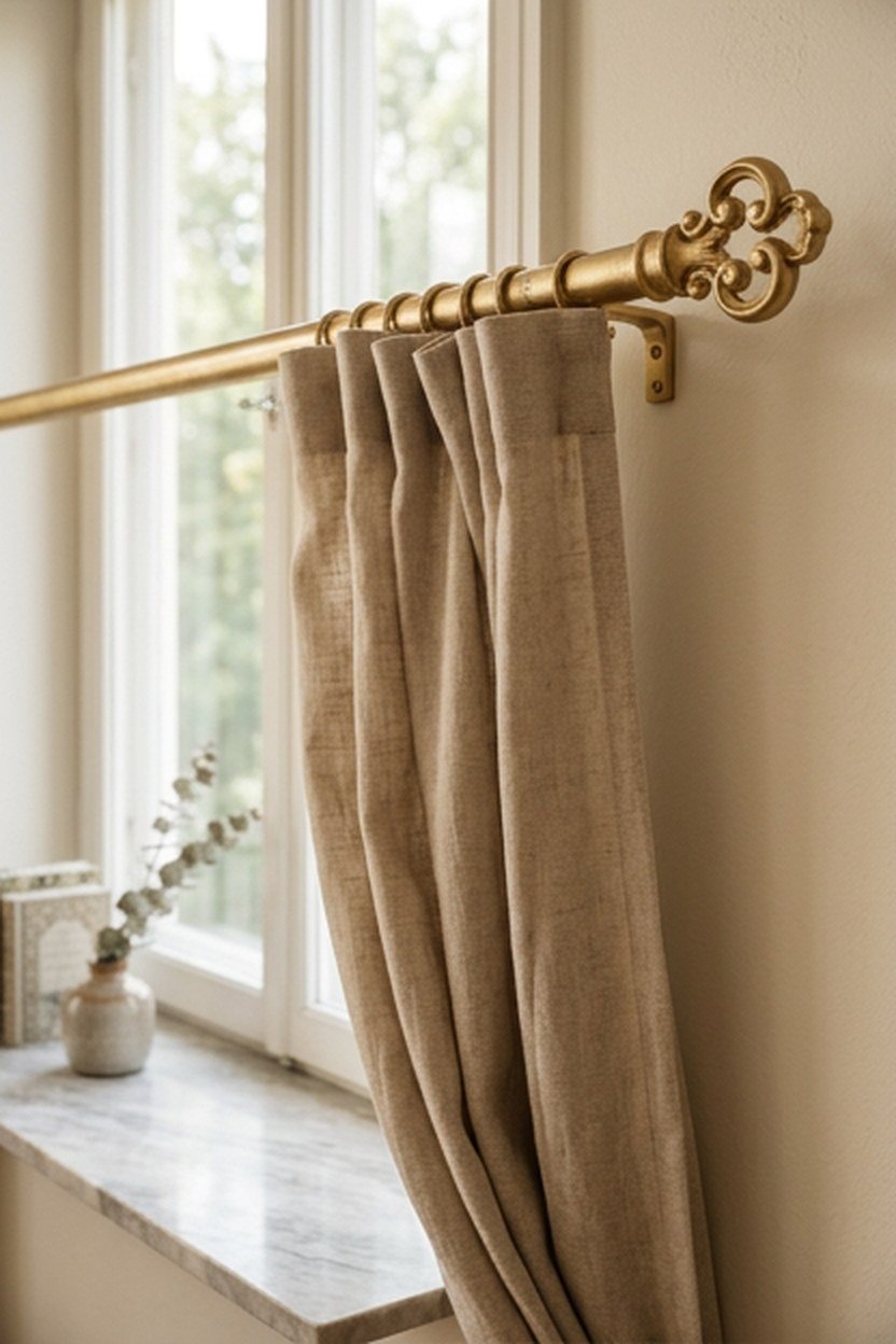 A gold curtain rod with a marble pattern weighted curtain panel