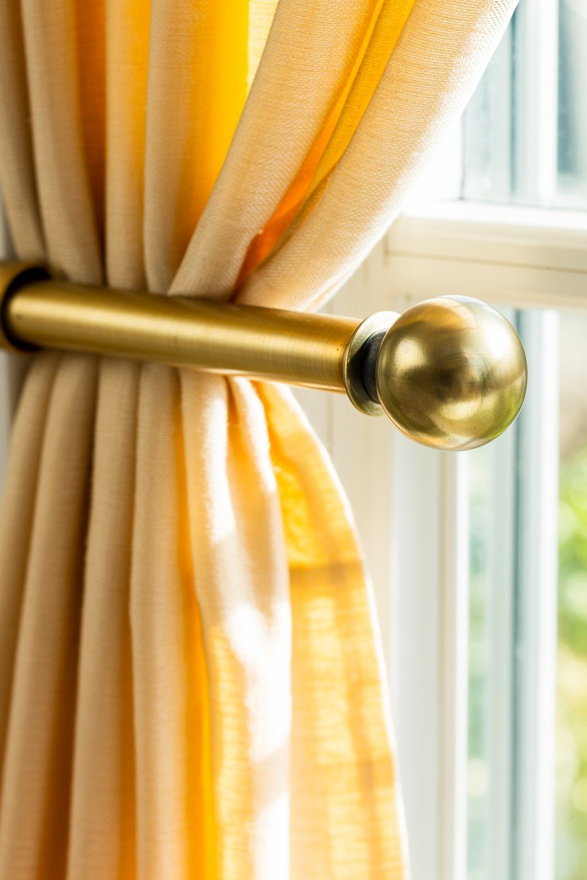 A gold curtain rod with matching tiebacks holding pale curtains open