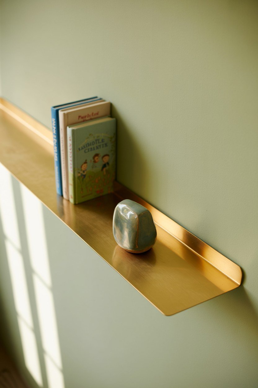 A gold floating shelf displaying a few books and small objects