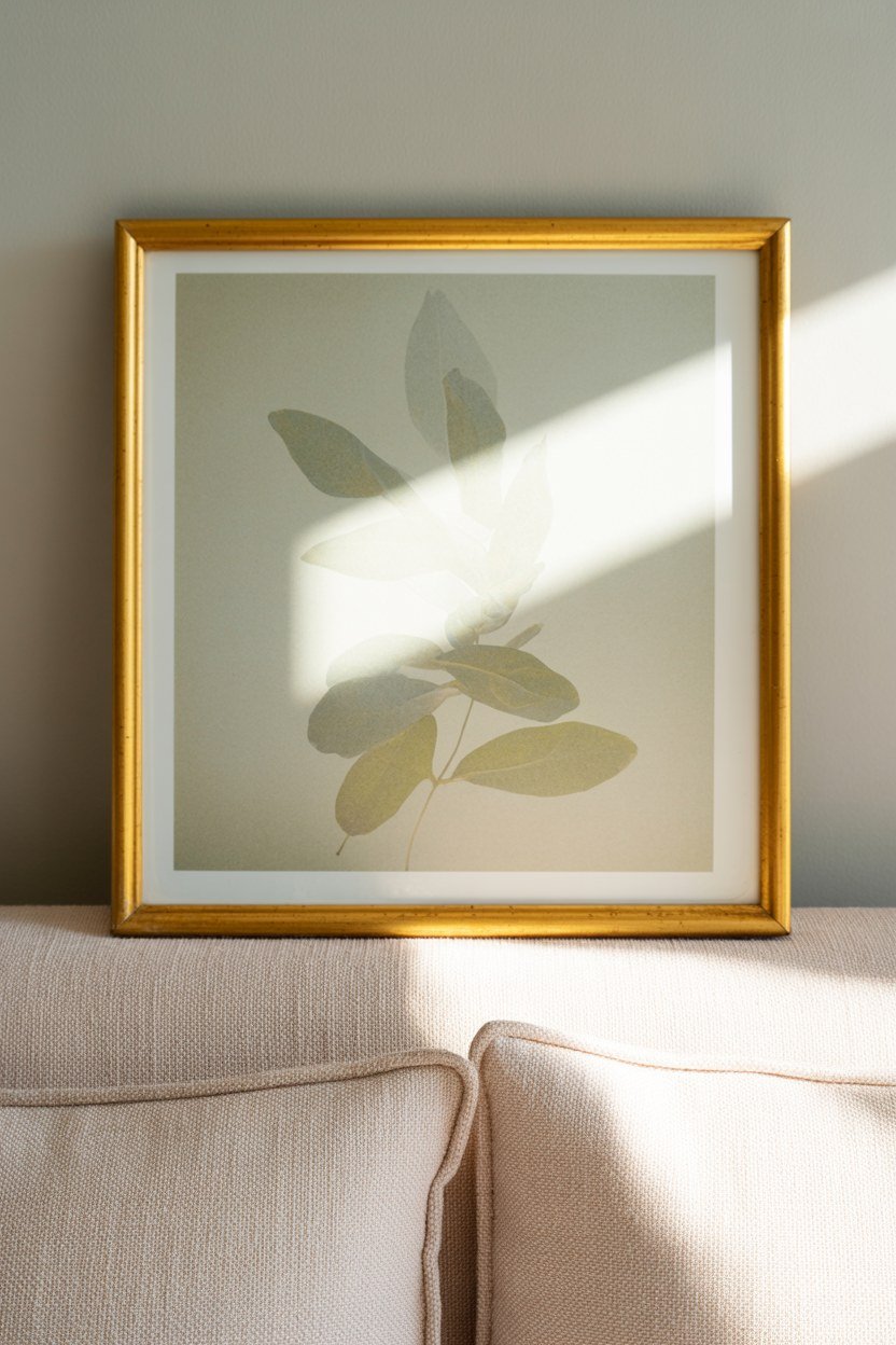 A large gold framed print hanging above a pale headboard