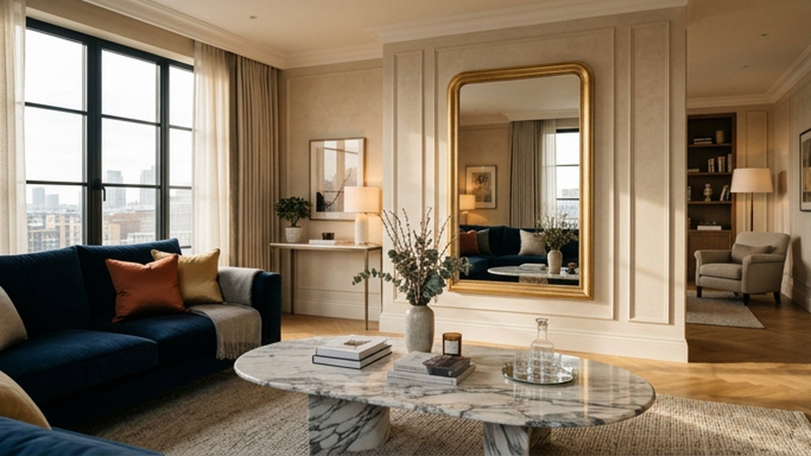 A luxury apartment living room with gold and marble accents