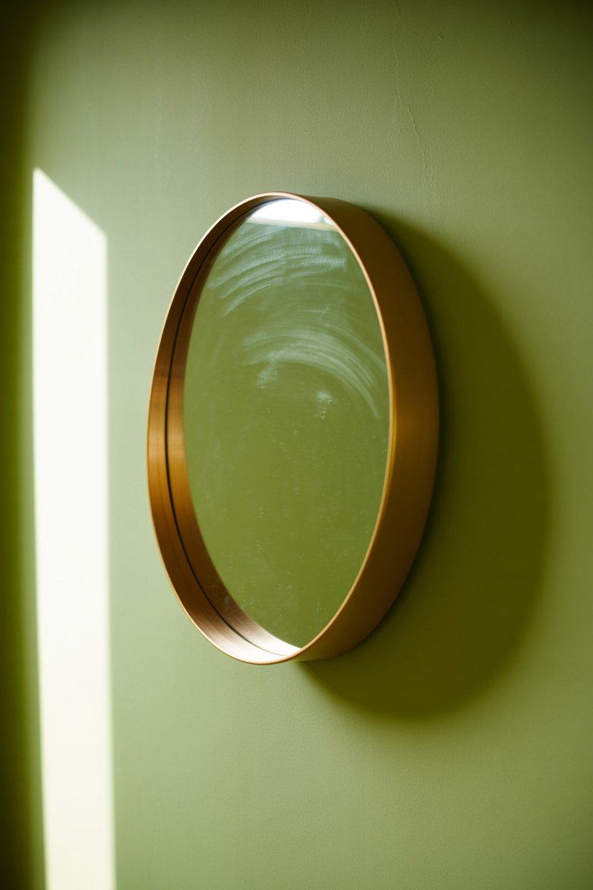 A slim gold framed mirror hung at child height on a soft green wall