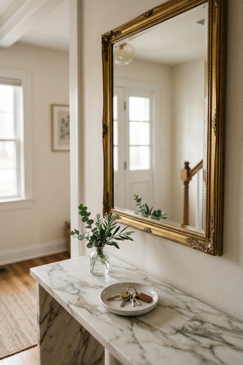 A gold framed mirror above a marble console table in an entryway