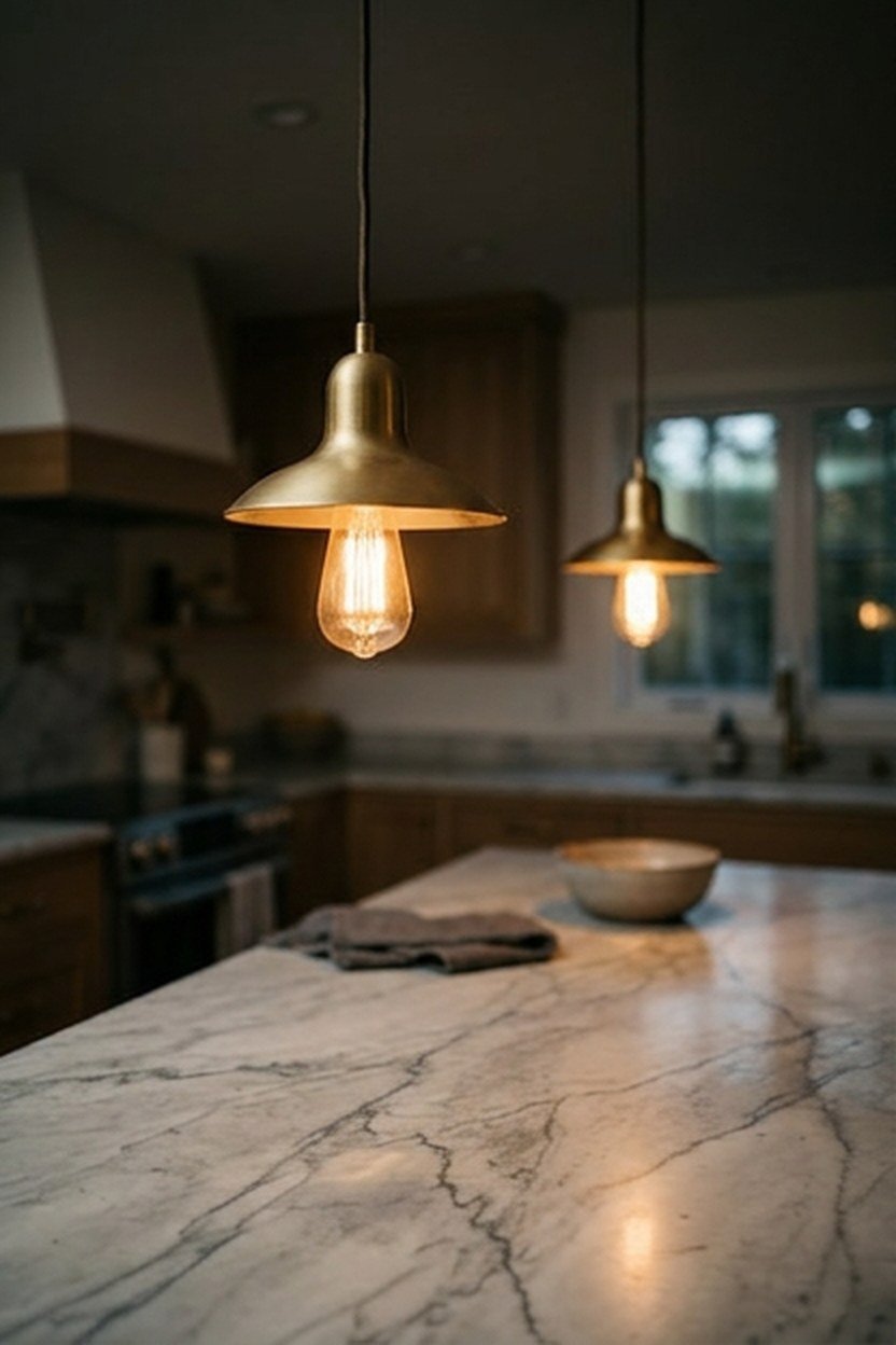 Gold pendant lights hanging above a marble kitchen island
