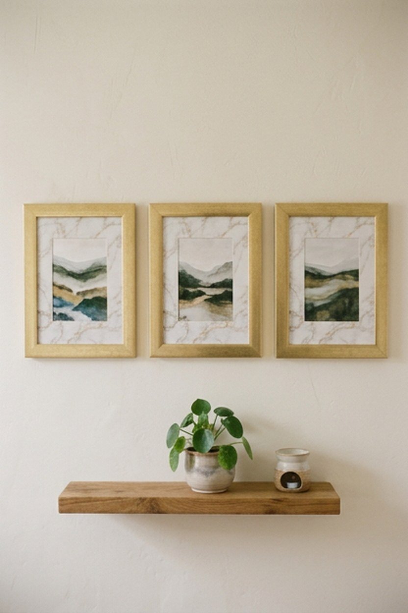 Gold picture frames with marble pattern matting on a gallery wall