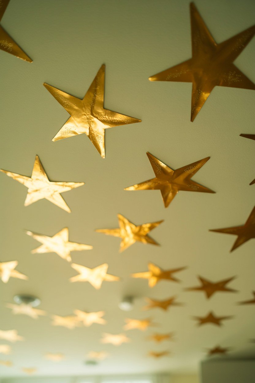 Scattered gold foil star decals across a pale nursery ceiling