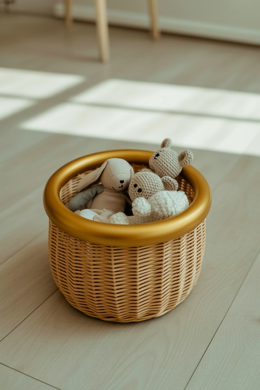 A woven toy basket with a rounded gold rim standing on a nursery floor