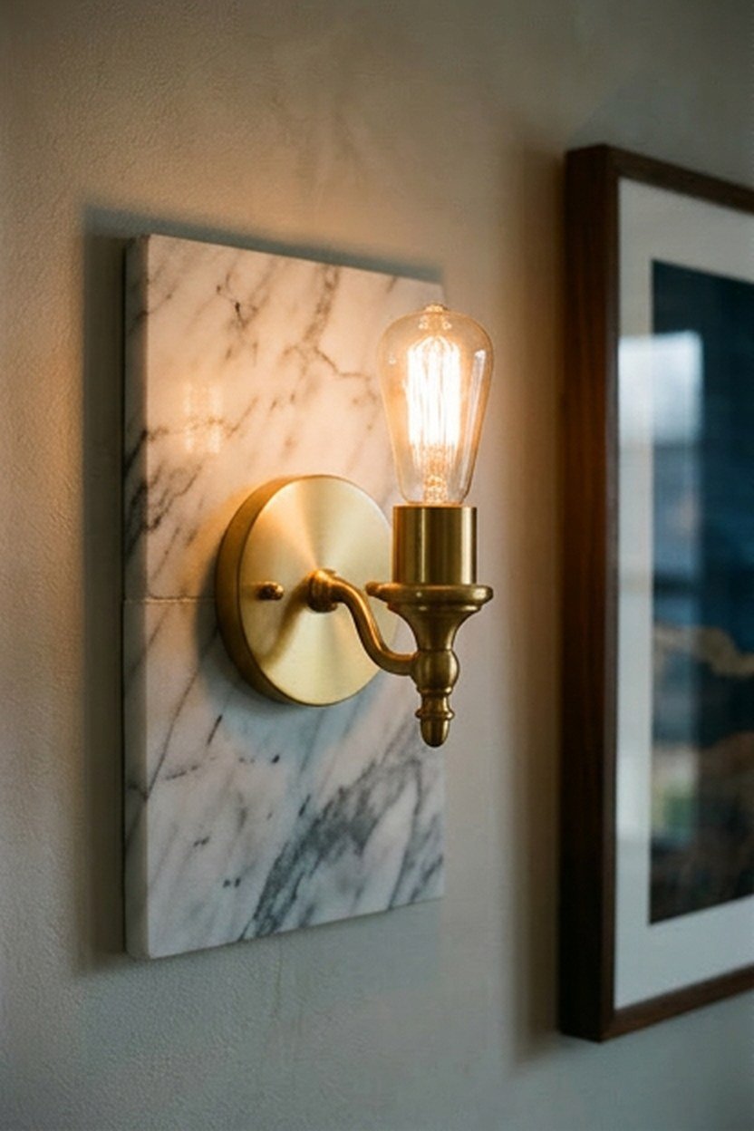Gold wall sconces mounted on marble backplates in a hallway