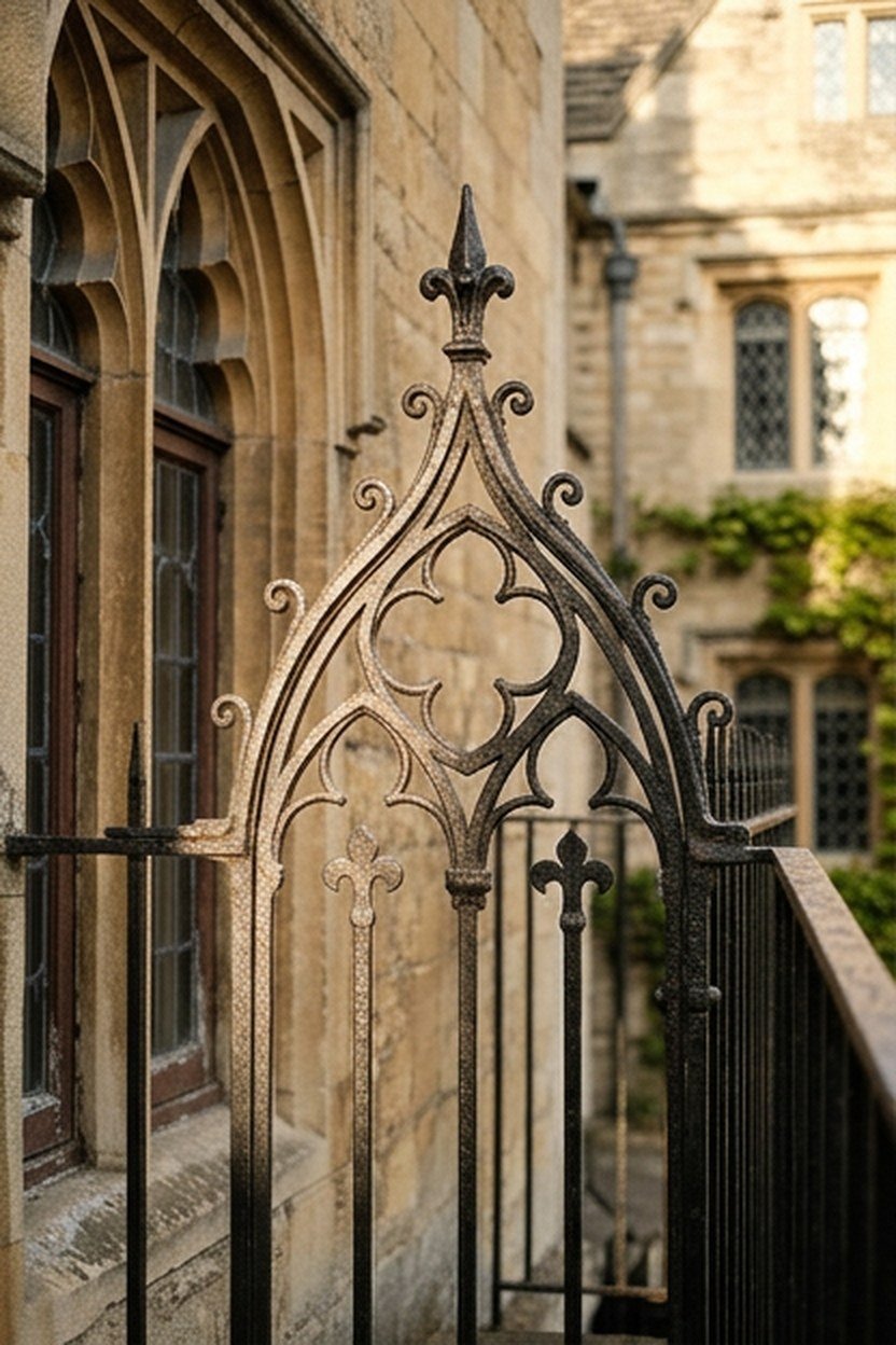 Gothic Revival pointed arch motif on a Victorian balcony grill