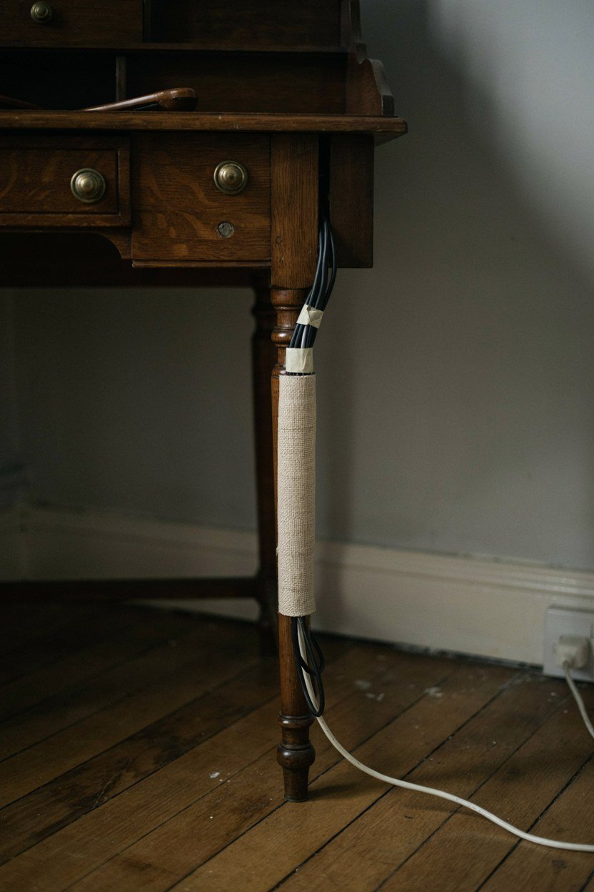 Cables gathered into a fabric sleeve behind an antique desk leg