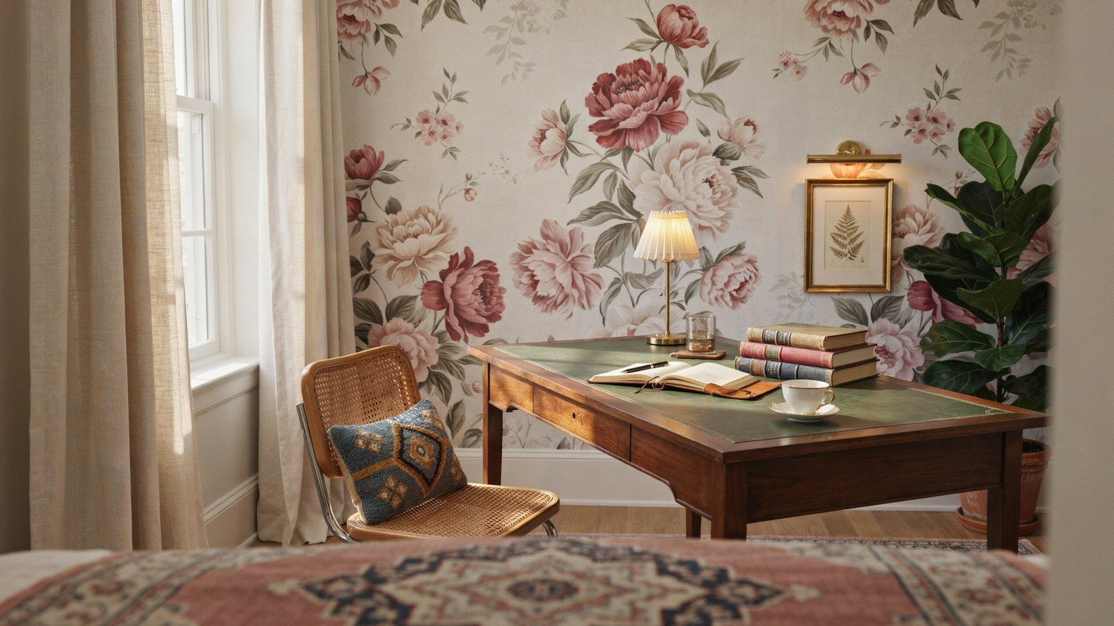 Grandmillennial office with floral wallpaper and an antique writing desk