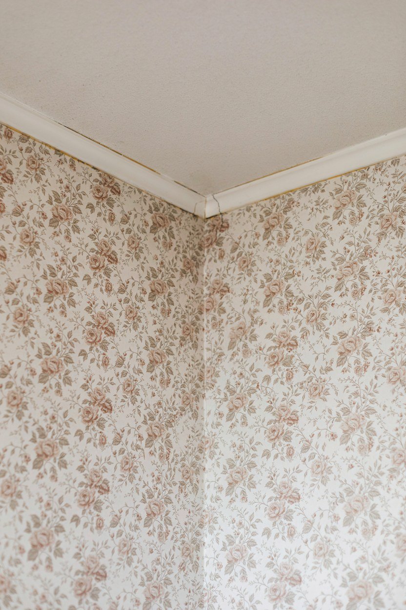 Small office papered on all four walls with floral pattern wrapping corners
