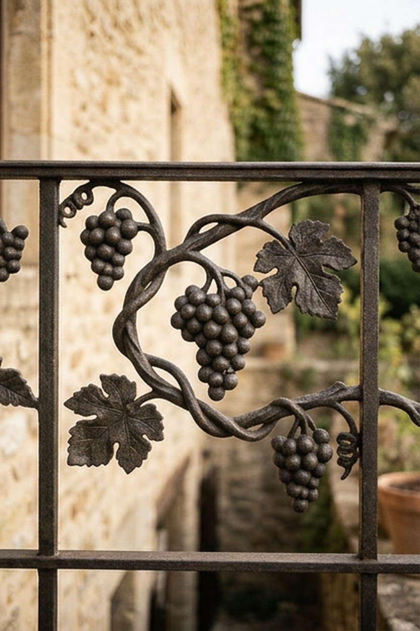 An ornamental grapevine motif worked into Victorian balcony ironwork