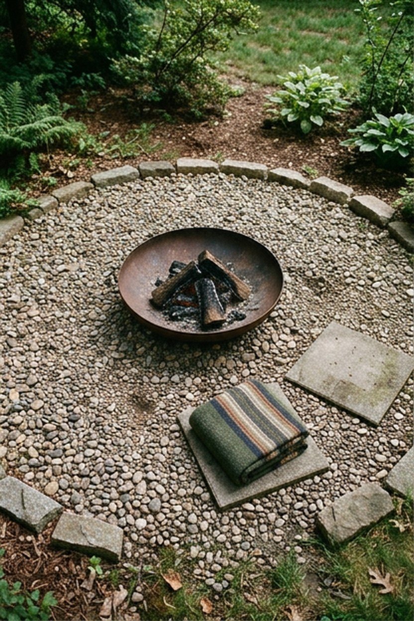 A gravel fire pit area with easy drainage in a backyard