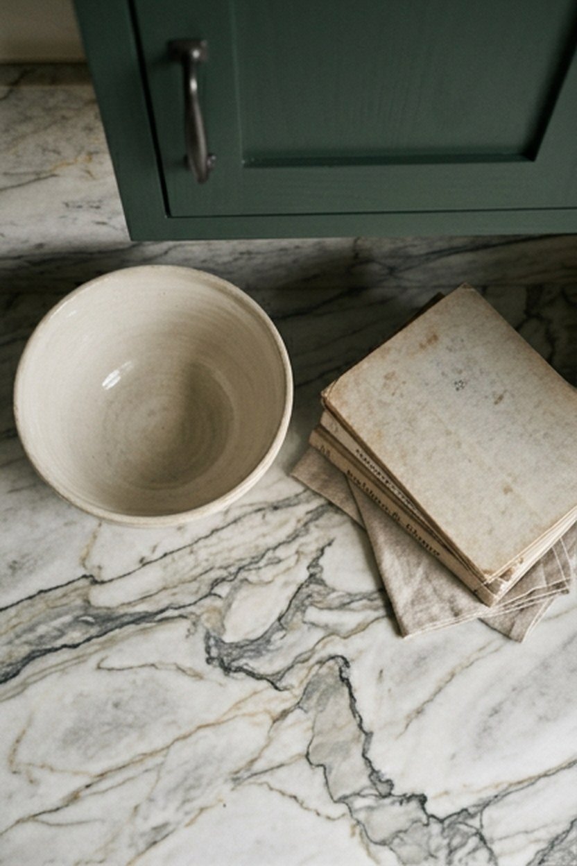 A natural stone countertop with visible veining beside green cabinetry