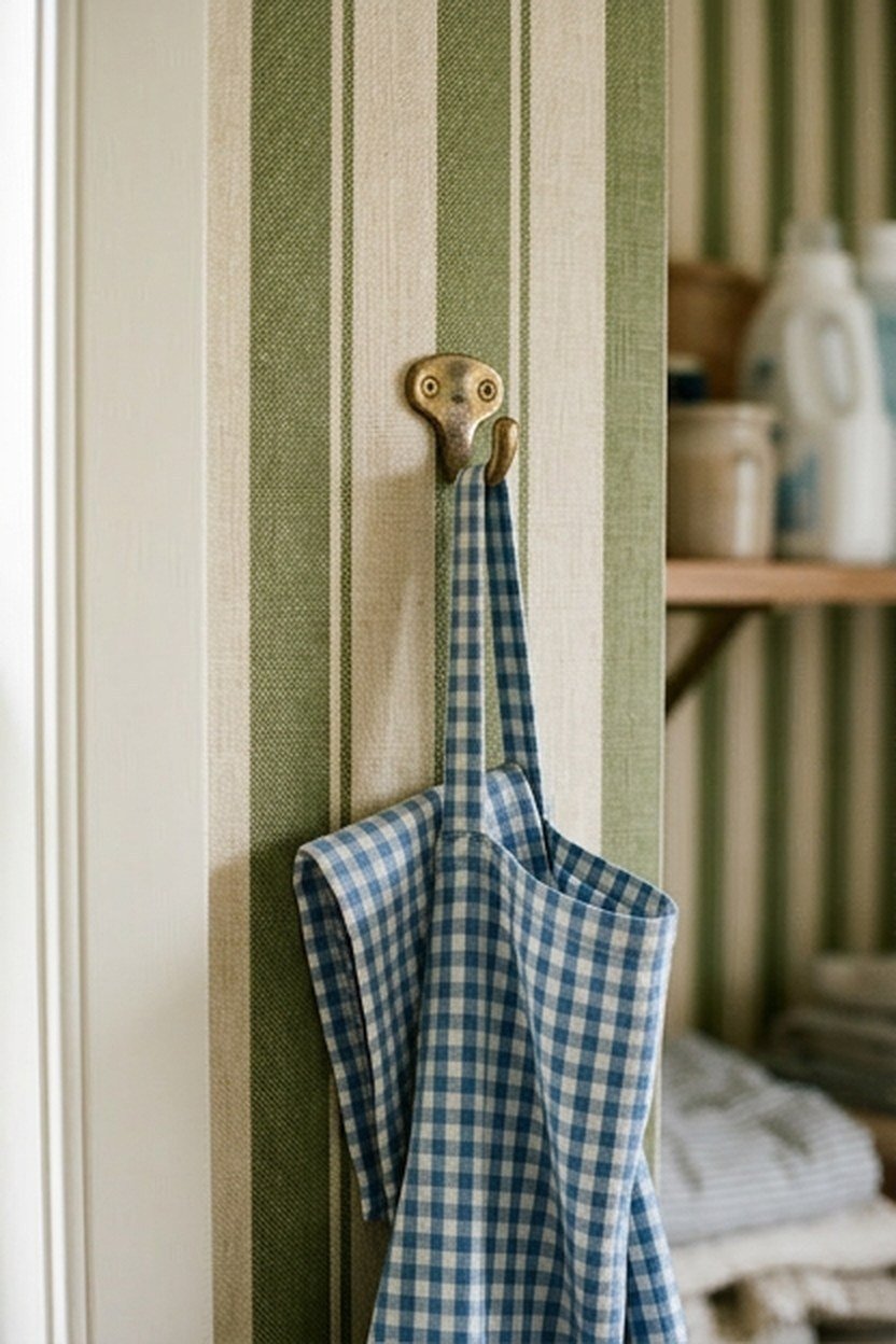 Green and cream striped wallpaper in a laundry room