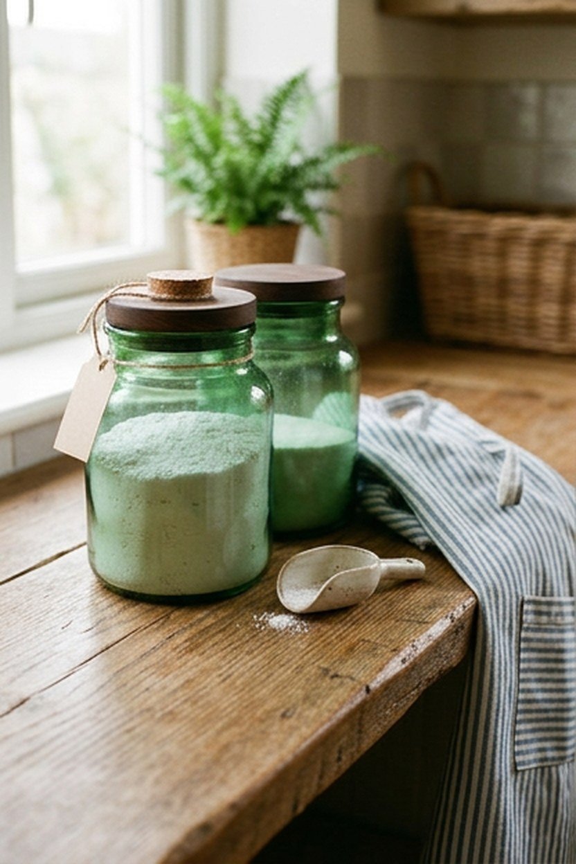 Green glass jars used for laundry supply storage