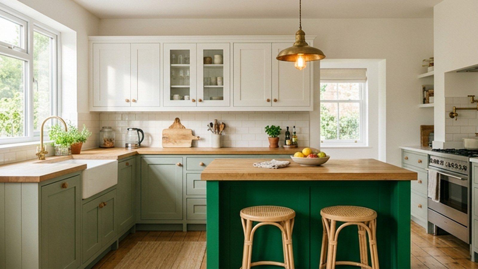 A green kitchen with sage lower cabinets, white uppers and an emerald island