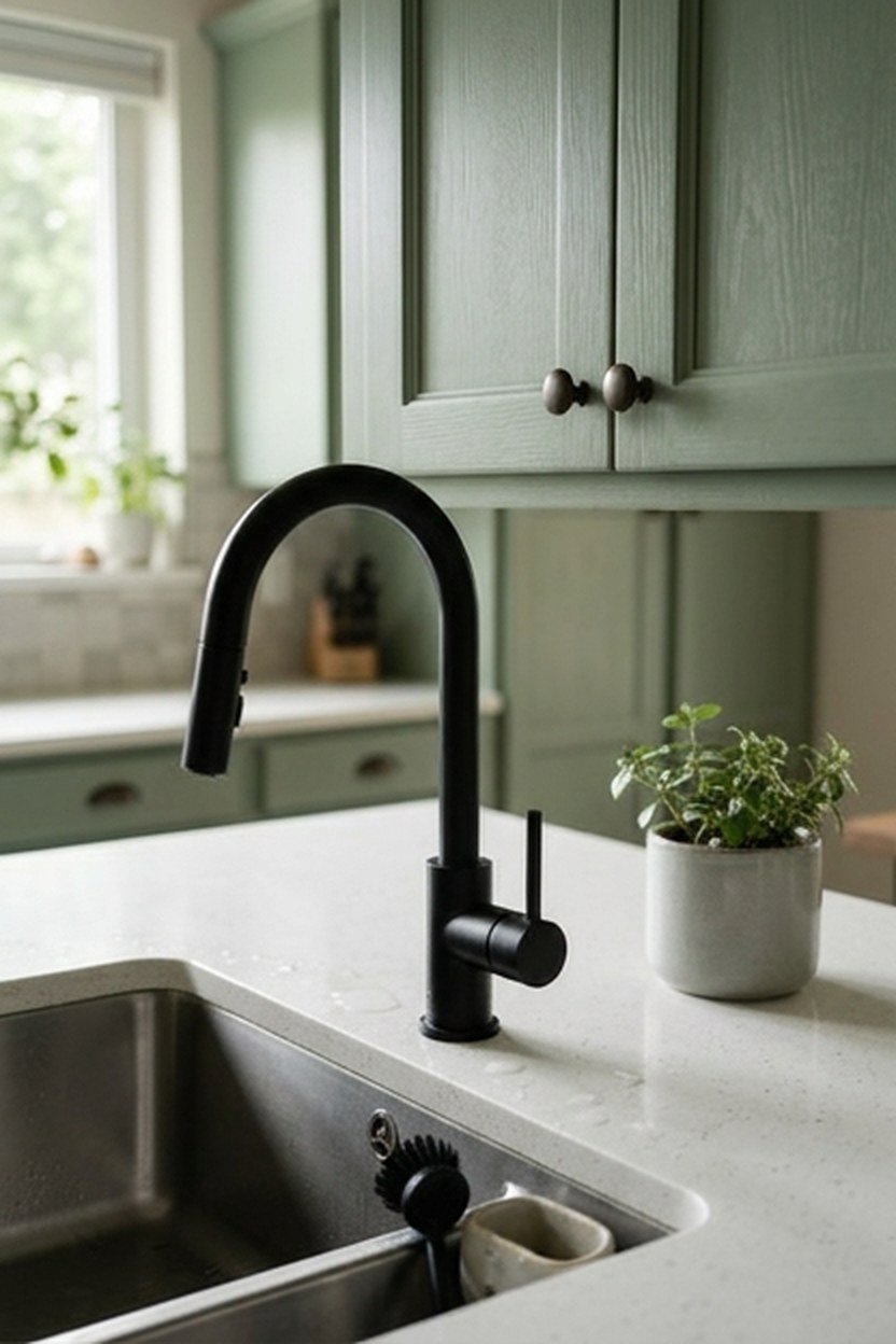 A matte black kitchen faucet against a sage green cabinet backdrop